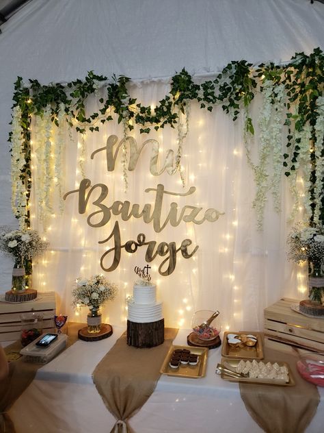 Diy Bautizo Decorations, Boy And Girl Baptism Decorations, Simple Baptism Decor, Simple Bautizo Decorations, Sage Green Baptism Decor, Communion Backdrop Ideas, Green Bautizo, Baptismal Backdrop, First Communion Decorations Backdrop