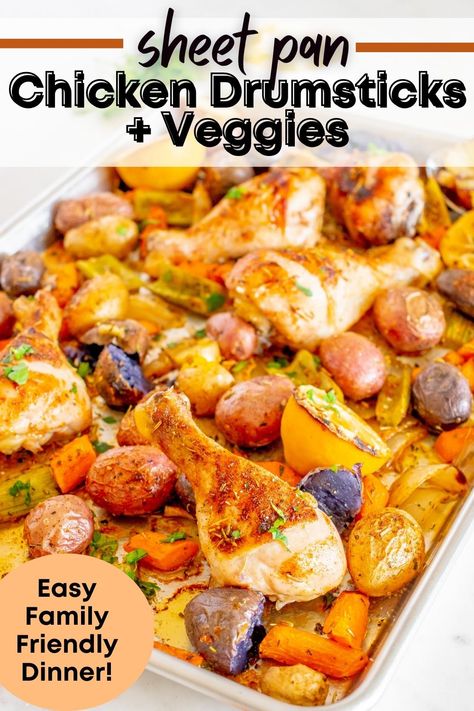 A sheet pan with cooked chicken drumsticks and vegetables, with a text overlay with the name of the recipe. Sheet Pan Chicken Potatoes And Carrots, Chicken Drumstick One Pan Meal, Roast Chicken Drumsticks Oven, One Pan Chicken Legs And Vegetables, Chicken Drumsticks Sheet Pan Dinner, Roasted Drumsticks And Veggies, Drumstick Meals Dinners, Chicken Legs And Veggies In The Oven, One Pan Drumstick Chicken Recipes