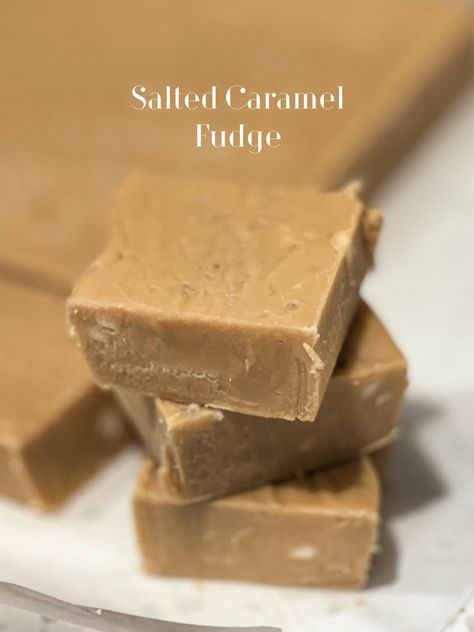 Salted Caramel Fudge – soft and sweet caramel fudge with salt sprinkled on top for that perfect blend of sweet and salty.     Fudge was one of my mom’s “things” that she specialized in. Like mug cakes, or learning how to decorate cake/cupcakes. It was just her thing, it made her happy to make…