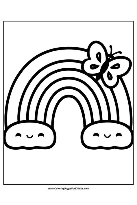 A cute rainbow with smiling clouds is accompanied by a butterfly. Rainbow Coloring Page, Easy Coloring Pages For Kids, Coloring Pages For Preschoolers, Rainbow Images, Engage Kids, Printable Pictures, Cute Rainbow, Easy Coloring Pages, Coloring Pages For Girls