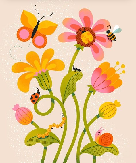 Busy Bugs Bug Art Wallpaper, Cute Insects Illustration, Folk Art Bugs, Bio Illustration, Quirky Flower Illustration, Butterfly Garden Illustration, Nursery Color Scheme, Spring Drawing, Yoga Mats Design