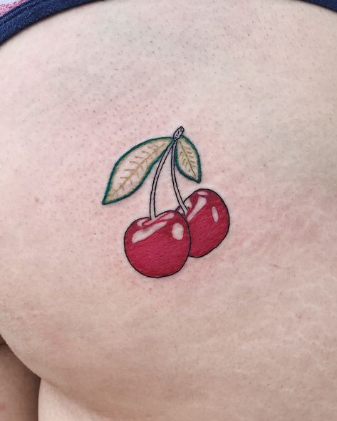 Shannon Wolf 〰 (She/They) on Instagram: “I got to do this cute lil cherry booty tat yesterday!!! Thank you Natalie for your trust and enthusiasm! 🍒 (*done with machine*)” Tattoo On Buttcheek, Colored Tattoo, Cherry Tattoo, Cherry Tattoos, Leopard Tattoos, Girl Back Tattoos, Cute Tattoos For Women, Tattoo Cover-up, Hot Tattoos