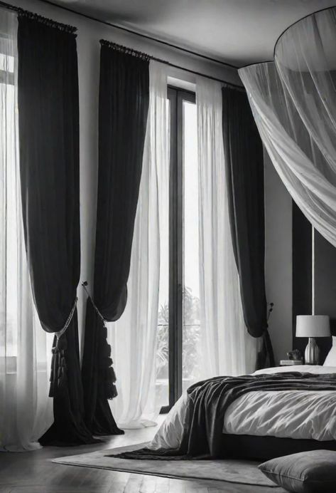 Black Curtains Bedroom Ideas, Black Curtains Bedroom, Curtains Around Bed, Black And White Bedroom Ideas, Black And White Bedroom, White Bedroom Ideas, Black Bedroom Design, Chevron Rugs, Monochrome Palette