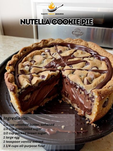 Nutella Cookie Pie 💖💖 🍪✨ Indulge in the ultimate dessert delight with this Nutella Chocolate Chip Cookie Pie! 🥧🍫 A decadent combination of buttery cookie crust, rich Nutella filling, and gooey chocolate chips, this pie is a true treat for any occasion! 🎉💖 #Nutella #Cookie #Pie #ChocolateChip #Dessert 🌟🍰 Ingredients: 1/2 cup unsalted butter, softened 1/2 cup granulated sugar 1/2 cup packed brown sugar 1 large egg 1 teaspoon vanilla extract 1 1/4 cups all-purpose flour 1/2 teaspoon baking soda ... Nutella Cookie Pie, Chocolate Cookie Pie, Nutella Chocolate Chip Cookies, Nutella Filling, Buttery Cookie, Chocolate Chip Cookie Pie, Nutella Cookie, Instagram Recipes, Twisted Recipes