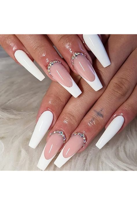 VOTACOS French Tip Press on Nails Long Coffin Fake Nails Nude False Nails with Glitter Rhinestone Design Glossy Full Cover Stick on Nails for Women Fake Nails White, Nagel Tips, Flower Nail Designs, Pink Acrylic, Pink Acrylic Nails, Nail Sizes, French Tip Nails, Artificial Nails, Rhinestone Nails