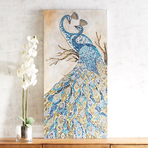 Intertwined Mosaic Peacocks Wall Panel - Pier1 Imports Nature Canvas Painting, Flower Painting On Canvas, Canvas For Beginners, Peacock Painting, Small Canvas Paintings, Peacock Art, Canvas Drawings, Acrylic Painting For Beginners, Horse Sculpture