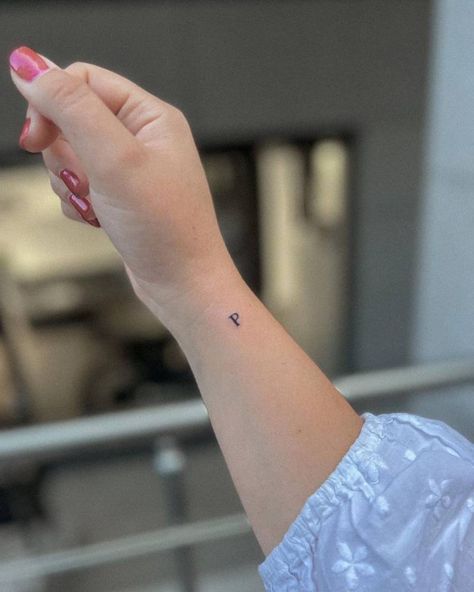 Tiny P Tattoo, Small P Tattoo, Letter On Wrist Tattoo, Small E Tattoo Letter, Tiny Tattoo Letter, Initial P Tattoo, Small S Tattoo, Cursive P Tattoo, Letter Tattoo On Wrist