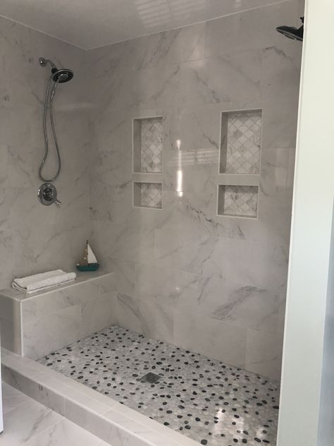 Shower With Two Niche, Shower With Bench Under Shower Head, Shower Boxes Bathroom, Wide Tile Shower Ideas, Matching Tile Shower And Floor, Custom Tile Shower Ideas Master Bath, Dual Shower Master Baths, Shower Bench Under Shower Head, Dual Head Shower Ideas