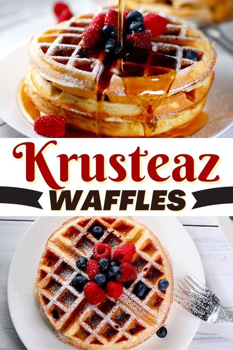 These easy Krusteaz waffles are what perfect mornings are made of. Thick and fluffy with a wonderfully crisp outer crust, you won't be able to resist. Krusteaz Pancake Mix Recipes Waffles, Krusteaz Waffle Mix Recipes, Krusteaz Waffle Recipe, Krusteaz Pancake Mix Recipes, Krusteaz Pancakes, Belgium Waffle Recipe, Krusteaz Recipes, Waffle Mix Recipes, Krusteaz Pancake Mix