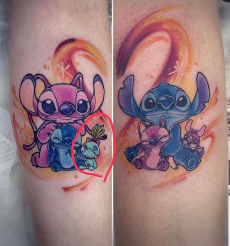 Stitch Angel Tattoo, Stitch And Angel Tattoo Couple, Stitch Couple Tattoo, Stitch And Angel Tattoo, Gf Tattoo, Besties Tattoos, Partner Tattoo, Disney Couple Tattoos, Disney Stitch Tattoo