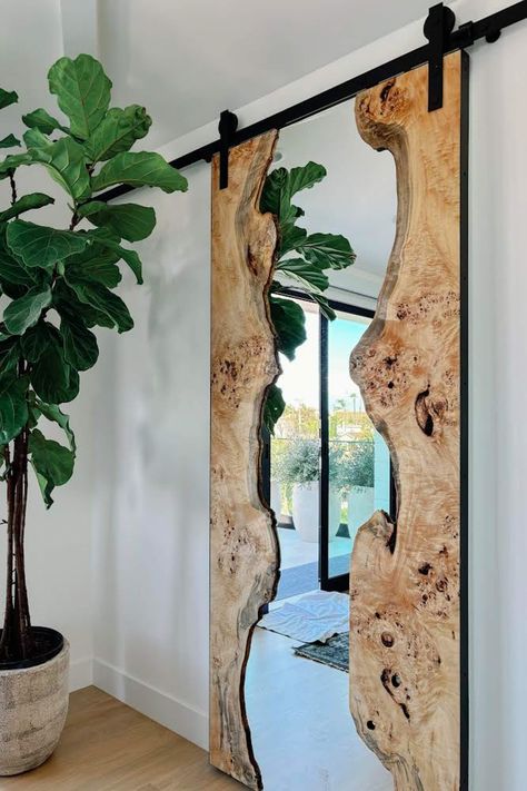 So long basic barn doors, hello functional pieces of art! 👋   Redefined Woodworking Co. crafted this amazing live edge mappa burl sliding door that incorporates a mirror! It brings an incredibly unique element to this space! Live Edge Barn Door, Live Edge Door, Unique Barn Doors, Modern Sliding Barn Door, Sliding Wood Doors, Rubio Monocoat, Earthship, Burl Wood, Live Edge Wood