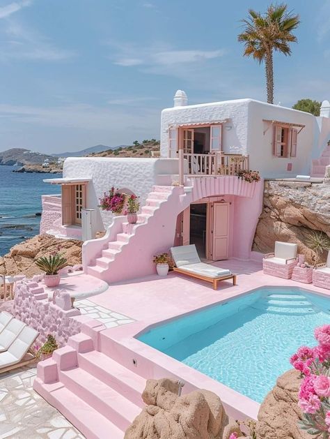 Pink Beach Cottage, Fancy Buildings, Pink Beach House, Dream Backyards, Beachy House, Pencil Drawings Of Girls, Magic Places, Pink Desert, Hgtv Dream Home