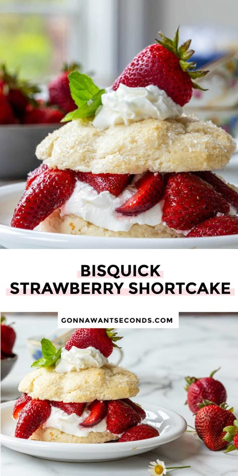 *NEW* This Bisquick strawberry shortcake is the easiest way to make homemade sweet shortcakes to cradle fresh, juicy strawberries and whipped cream. #bisquickrecipes #strawberryshortcake Shortcake Recipe Easy, Bisquick Strawberry Shortcake, Bisquick Chocolate Chip Cookies, Shortcake Recipes, Strawberries And Whipped Cream, Fresh Strawberry Recipes, Strawberry Dessert Recipes, Strawberry Shortcake Recipes, Bisquick Recipes