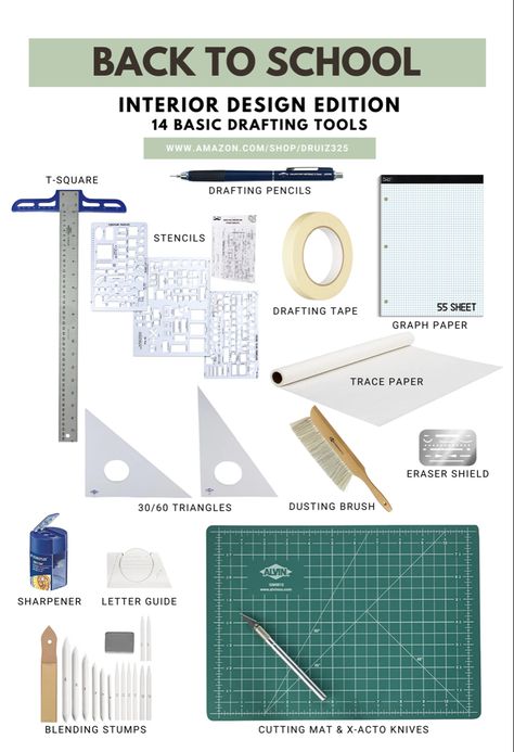 14 Drafting Tools for Beginner Drafters/Designers
• T-Square
• Drafting Pencils
• Stencils
• Drafting Tape
• Graph Paper
• Trace Paper
• Eraser Shield
• Dusting Brush
• 30/60 Triangles
• Letter Guide
• Sharpener
• Blending Stumps
• Cutting Mat
• X-acto Knife

All Supplies can be found on my Amazon Storefront under Art & Design
https://www.amazon.com/shop/druiz325/list/2XX8QW0278ASJ


IG: @druiz325
TikTok: @druiz325
YouTube: Daniella Ruiz Drafting Studio, Interior Design Supplies, T Square, Designing Aesthetic, Architecture Supplies, Architect Tools, Architecture Tools, Architecture Journal, Drafting Drawing