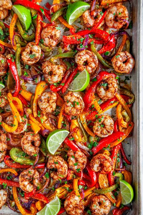 Sheet Pan Shrimp Fajitas - Done in just 30 minutes, these healthy, shrimp fajitas are deliciously flavorful, easy to make, and simple to clean up! Dairy and gluten free. From aberdeenskitchen.com #sheetpan #shrimp #fajitas #Mexican #dinner #healthy #30minute #weeknight #glutenfree #pescatarian #dairyfree #seafood #recipe Healthy Shrimp Fajitas, One Pan Shrimp Fajitas, Shrimp Fajitas Sheet Pan, Healthy Seafood Dinner Recipes, Healthy Shrimp Dinner, Shrimp Fajita Recipe, Sheet Pan Shrimp, Shrimp Rice, Pan Shrimp