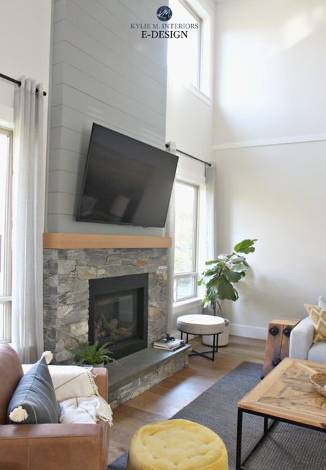 Fireplace Tv Unit, Tv And Fire Wall Ideas, Media Wall With Fireplace, Tall Ceiling Living Room, Grey Stone Fireplace, Fireplace Accent Walls, Kylie M Interiors, Stone Fireplace Designs, Tv Over Fireplace