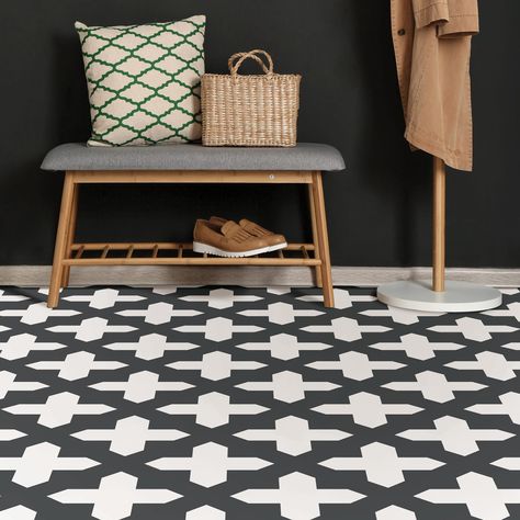 "Find the FloorPops Nordic Peel & Stick Floor Tiles at Michaels. com. Spanish and Scandinavian styles combine with these effortlessly chic peel-and-stick floor tiles. Spanish and Scandinavian styles combine with these effortlessly chic peel-and-stick floor tiles. Black and white hues add a classic touch to the geometric cross design. Details: Black and white 60\" x 24\" assembled sign 12\" x 12\" per tile 10 tiles No grout or special tools needed Water resistant and washable Virgin vinyl materia Peel And Stick Floor Tiles, Stick Floor Tiles, Linoleum Floors, Renovation Kitchen, Basement Inspiration, Renovation Tips, Peel And Stick Floor, Vinyl Floor Tiles, Vinyl Tile Flooring