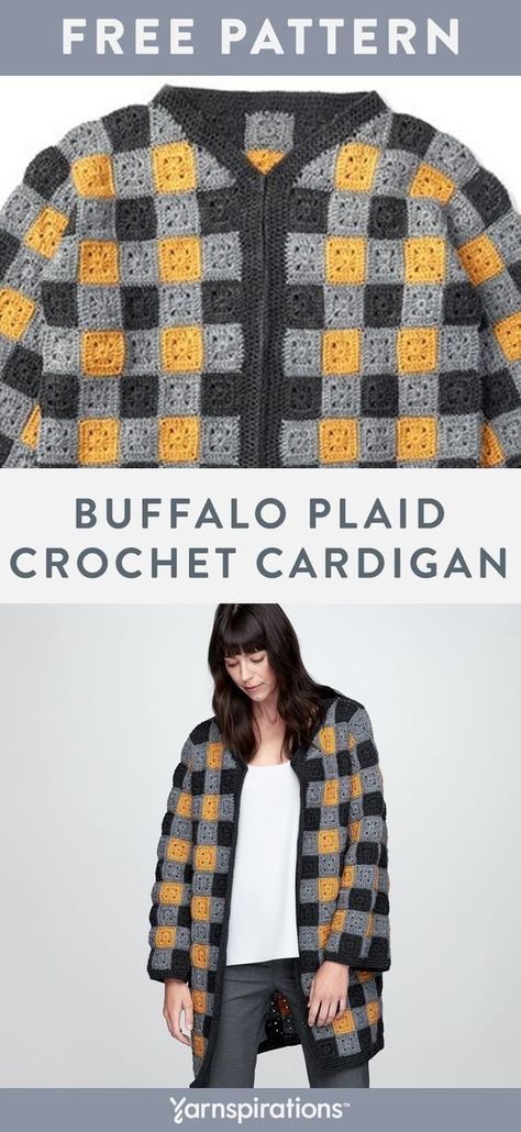 No French girl look is complete without a chic buffalo plaid coat. Buffalo Plaid Crochet Jacket free crochet patterns using Patons Canadiana yarn. This free crochet pattern works up simple granny squares made of two rounds of double crochet stitches, creating a Fall jacket inspired by buffalo plaid patterns. #EmilyInParis #FrenchFashion #Yarnspirations #FreeCrochetPattern #CrochetCardigan #Patons Buffalo Plaid Crochet, Easy Crochet Cardigan Pattern, Buffalo Plaid Cardigan, Crochet Garments, Crochet Cardigan Free, Plaid Crochet, Black Crochet Dress, Buffalo Plaid Pattern, Crochet Jacket