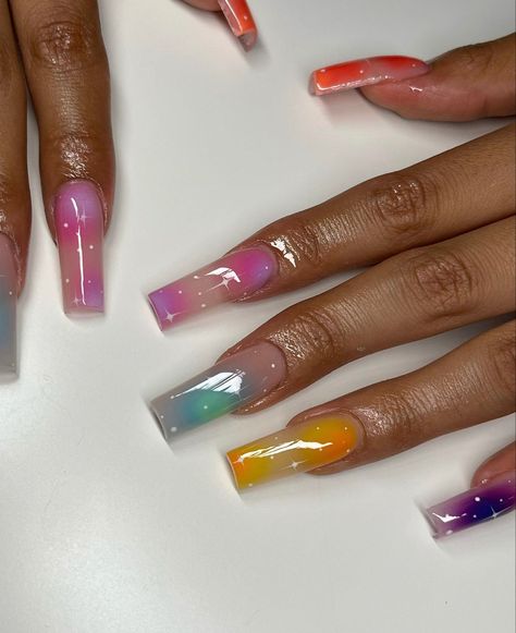 Multi Colored Marble Nails, Spring Nail Sets 2024, Cute Clear Acrylic Nails, Colorful Nails Acrylic, Energy Nails, Lsd Nails, Karol G Nails, Gel X Nail Designs, Colorful Acrylic Nails