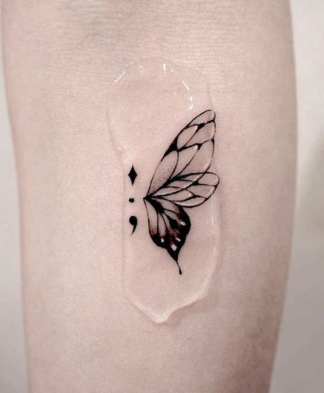 Butterfly Tattoo With Hidden Semicolon, Asthmatic Tattoo Ideas, Coma Butterfly Tattoo, Faith Semi Colon, Half Butterfly Half Semi Colon Tattoo, Butterfly Flower Semi Colon Tattoo, Small Butterfly Tattoo With Words, Butterfly Comma Tattoo, Tattoo Butterfly Semicolon