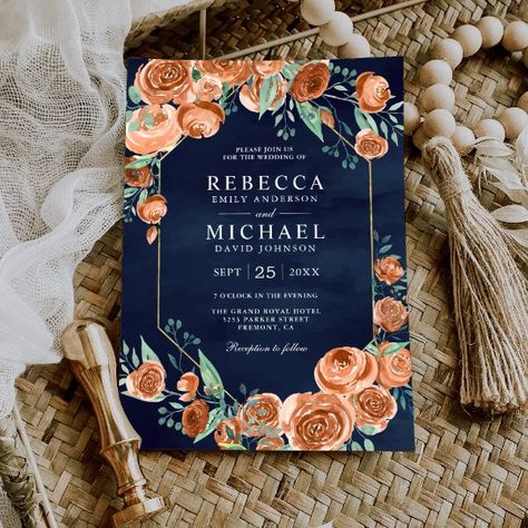 Blue Wedding Invitation, Burnt Orange Weddings, Navy Blue Wedding Invitations, Terracotta Wedding, Winter Wedding Invitations, Fall Wedding Invitations, Navy Blue Wedding, Blue Wedding Invitations, Orange Wedding