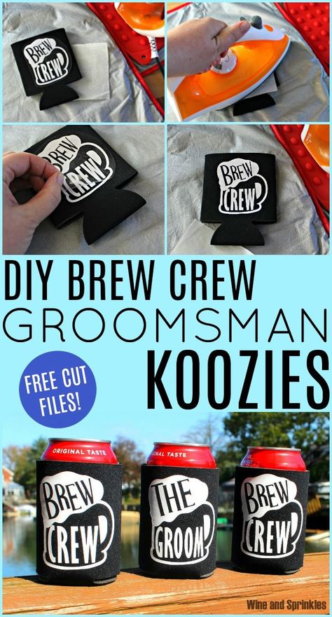 DIY Iron On Brew Crew Groomsman Koozies #cricutprojects #groomsman #koozies #brewcrew Groomsmen Koozie Ideas, Bachelor Koozie Ideas, Bachelor Party Koozies, Diy Groomsmen Gifts, Groomsmen Proposals, Koozie Ideas, Holiday Party Inspiration, Bachelor Party Favors, Groomsmen Proposal Gifts