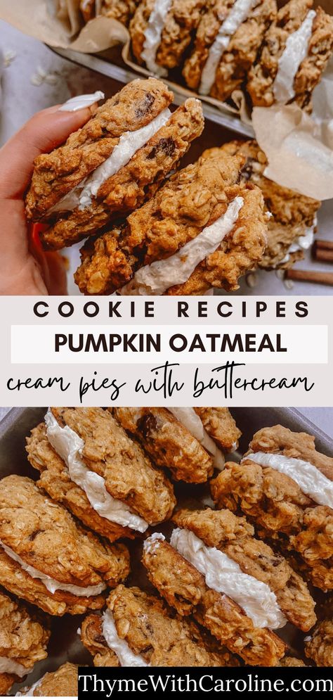 These pumpkin oatmeal cream pies with buttercream are a delicious Fall dessert that are great to bring to Halloween parties or Thanksgiving. These pumpkin cookies are made with browned butter, rolled oats and cinnamon, providing a chewy but soft texture. Pumpkin Oatmeal Cream Pies, Easy Pumpkin Oatmeal, Pumpkin Pie Cookies, Pumpkin Pie Oatmeal, Pumpkin Oatmeal Cookies, Pumpkin Oats, Pizza Appetizers, Pumpkin Cookie Recipe, Oatmeal Cream Pies