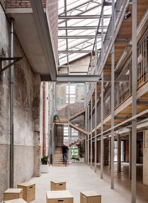 H Arquitectes, Adrià Goula · Civic Centre Lleialtat Santsenca 1214 Industrial Architecture Factories, Facade Refurbishment, Spanish Office, Urban Industrial Decor, Architecture Renovation, Architecture Magazine, Tadao Ando, Industrial Architecture, Urban Loft