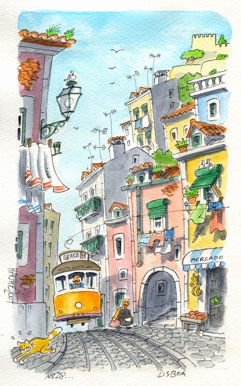 Drawing In Perspective, Idea Drawing, Watercolor Architecture, 수채화 그림, Art Et Illustration, Landscape Drawings, Watercolor Sketch, Urban Sketching, Art And Illustration