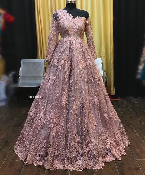 Onion pink cocktail gown. Click on picture to see Ricco India lehenga price. #Frugal2Fab Onion Colour, Indian Gown Design, White Lace Long Sleeve Dress, Onion Pink, Desi Wedding Dresses, Stile Hijab, Wedding Lehenga Designs, Pink Cocktail, Fancy Wedding Dresses