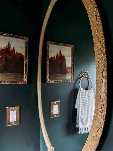 How to Frame an Oval Mirror with Moldable Trim - The Rural Legend Framing Oval Mirror Diy, Frameless Mirror Makeover, Repurpose Oval Mirror, How To Frame An Oval Mirror, Builder Mirror Makeover, Diy Backlit Mirror, Diy Oval Mirror Frame Ideas, Oval Mirror Makeover Diy, Oval Mirror Diy