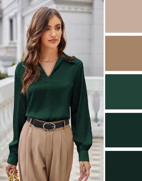 Forest Green Color Palette Outfit, Emerald Green Monochromatic Outfit, Emerald Green Work Outfit, Mint Green Clothes Combination, Emerald Green Color Palette Outfit, Autumn Outfits Color Palettes, Olive Green Color Palette Outfit, Emerald Green Outfit Ideas Color Combos, Autumn Colour Palette Outfits