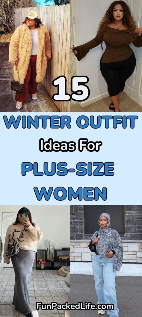 Image showcases four plus-size winter outfit ideas for women, with the text "22 Winter Outfit Ideas For Plus-Size Women" prominently displayed. Featured outfits include a faux-fur coat with wide-leg pants, a chic knit top with a pencil skirt, a cozy sweater paired with a satin skirt, and a patterned hijab with relaxed-fit jeans. The overall theme highlights stylish and warm winter fashion, specifically tailored for plus-size women, perfect for cold-weather layering. Cold Weather Outfits Dressy, Nyc Winter Outfits Cold Weather Plus Size, Casual Plus Size Fall Outfits, Plus Winter Fashion, Plus Size Sweatsuit Outfit, Plus Size Winter Outfits Black Women Cold Weather, Nyc Winter Outfits Plus Size, Plus Size Casual Winter Outfits, Plus Size Winter Outfits With Uggs