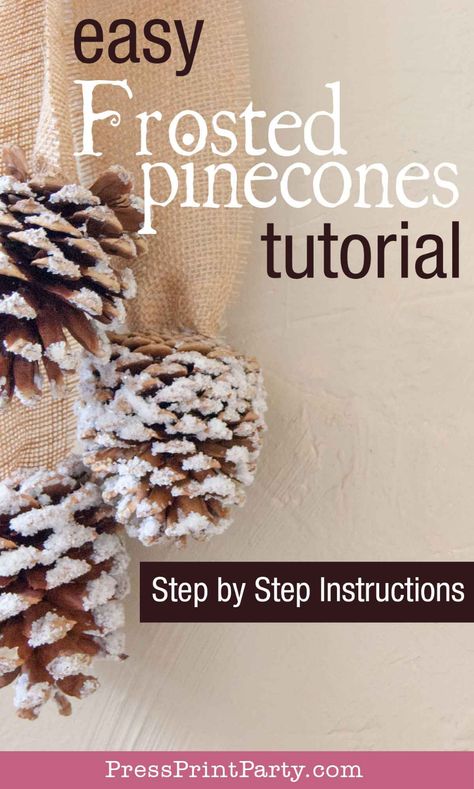 How to frost pinecones for Christmas decorations. In this easy tutorial, I will show you, not only how to frost the pinecones, but also a pretty and simple way to hang them. . Add your frosted pinecones to Christmas wreaths or just hand them as pretty and smell good decor. DIY with glue and Epsom salt and more. Learn how to make frosted pinecones with this almost free and elegant DIY Christmas decoration. Full Christmas craft tutorial with Epsom salts & craft glue. Press Print Party! Decorating Pinecones For Christmas, How To Frost Pinecones, Decorating With Pinecones For Christmas, Borax Pinecones, Christmas Pinecone Wreaths, How To Hang Pine Cones On Christmas Tree, Glitter Pinecones Diy, How To Bleach Pinecones Diy, Frosting Pinecones