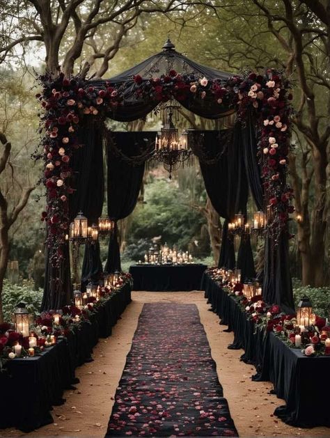 Gothic Event Decor, Dark Wedding Aisle, Gothic Arbor Wedding, Dark Fall Wedding Reception, Dark Proposal Aesthetic, Outdoor Dark Wedding, Outdoor Halloween Wedding Ideas, Fall Spooky Wedding Ideas, Woodsy Gothic Wedding