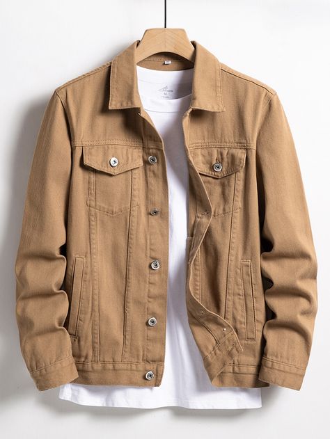 Clothes Without Model, Guys Jacket Outfit, Korean Male Fashion Casual Street Style, Casual Khaki Denim Jacket, Men’s Jackets, Mens Fall Jackets, Men Outfits Ideas, White Jean Jacket Outfits, Denim Jackets Men