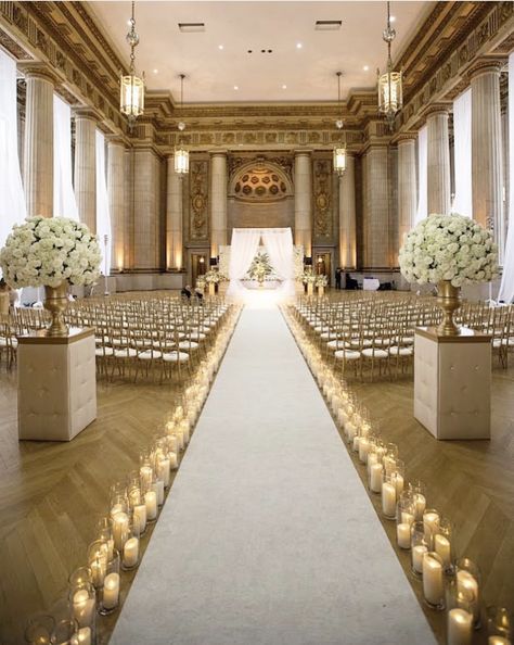 All White Wedding Ceremony Indoor, Andrew Mellon Auditorium Wedding, Wedding Auditorium Decorations, Ballroom Wedding Decoration, Gold Wedding Ceremony Decor, Wedding Ceremony Ideas Indoor, Outdoor Wedding Ceremony Seating, Pretty Wedding Ceremony, Wedding Ceremony Decorations Indoor