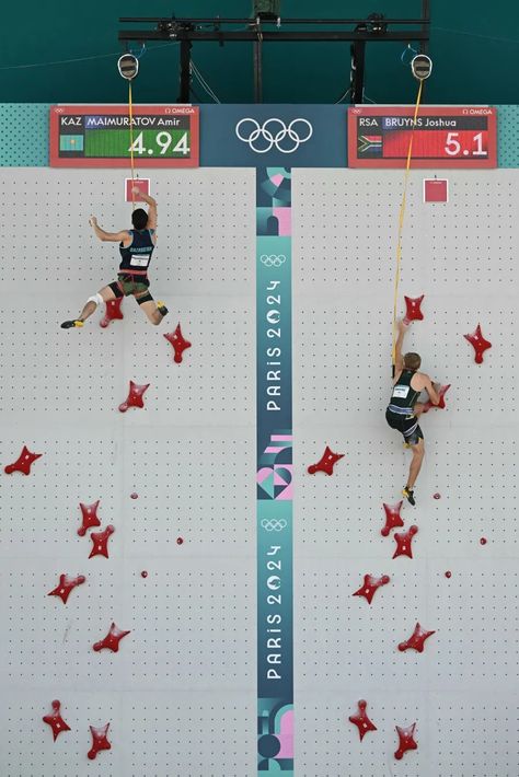 Kazakhstan's Amir Maimuratov competes against South Africa's Joshua Bruyns in the men's sport climbing speed preliminary round's elimination heats during the Paris 2024 Olympic Games at Le Bourget Sport Climbing Venue in Le Bourget on August 6, 2024. (Photo by Fabrice COFFRINI / AFP) (Photo by FABRICE COFFRINI/AFP via Getty Images Paris 2024 Olympic Games, 2024 Photo, Sport Climbing, Paris Summer, Summer Olympics, Olympic Games, Climbing, Getty Images, Paris