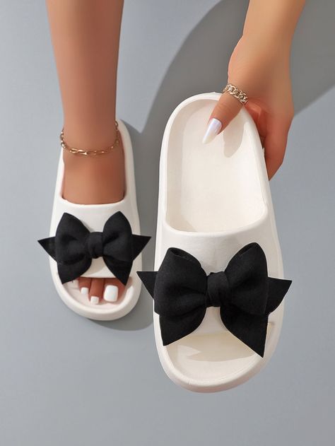 White Preppy Collar   Plain Slides Embellished   Women Shoes Chanclas Aesthetic, Preppy Slippers, Trendy Heels, Bow Women, Women Slides, Bow Decor, Chic Shoes, Slides Women, Slipper Shoes