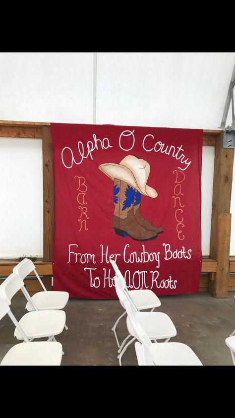 Barn dance banner #aoii #barndance #cowboyboots #alphao Barn Dance Sorority, Frat Banner, Semi Formal Themes, Formal Themes, Barnyard Dance, Pi Kapp, 2023 Banner, Frat Formal, Fraternity Formal