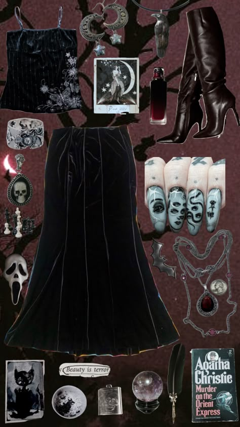 #outfitinspo #vintage #vibes #dark #halloween #witch Whimsi Gothic, Nana Clothes, Goth Whimsical, Goth Outfit Inspo, Witchy Academia, Goth Fits, Goth Outfit Ideas, Creepypasta Oc, Alt Clothes