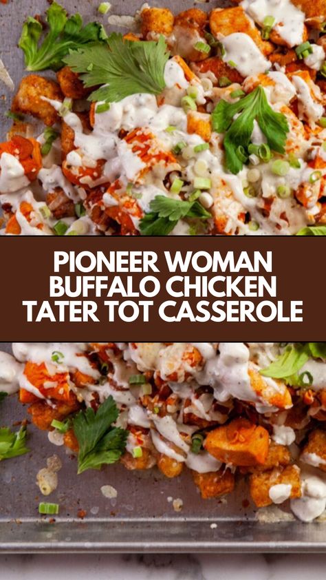 This easy Pioneer Woman Buffalo Chicken Tater Tot Casserole is a delicious, quick meal perfect for any weeknight dinner. It features creamy, spicy chicken topped with crispy tater tots and melted cheese. Use common ingredients you already have on hand to create a comforting dish that the whole family will love! Buffalo Tater Tot Casserole, Buffalo Chicken Tater Tots, Buffalo Tots, Buffalo Chicken Tater Tot Casserole, Creamy Spicy Chicken, Pioneer Woman Chicken, Chicken Tater Tot Casserole, Buffalo Ranch Chicken, Tater Tot Recipes