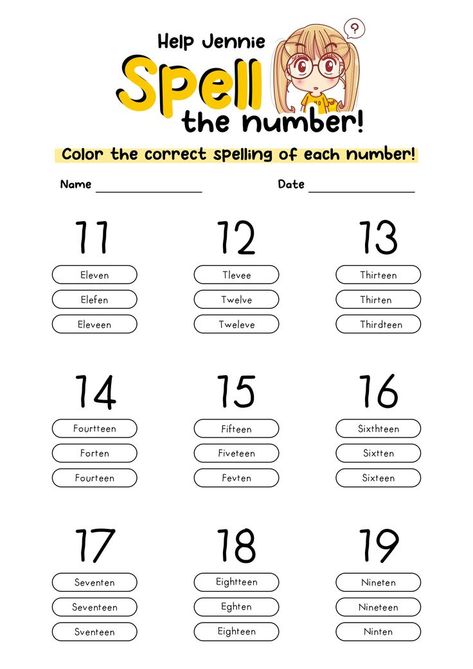 This worksheet is designed to help students practice identifying and writing teen numbers. Use this resource to reinforce understanding of teen numbers and improve numerical fluency. Try this engaging worksheet with your students today to enhance their number skills! #MathSkills #NumberPractice #WorkbookExercises #teennumberpractice Teen Numbers Worksheet, Number Names 11 To 20 Worksheet, Number 11-20 Worksheets, Numbers 11-20 Activities, 11-20 Number Worksheets, Number Spelling, Preschool Numbers, Number Practice, Number Worksheet