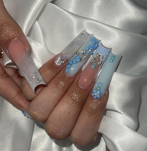 Cinderella Nails, Gender Reveal Nails, Blue Prom Nails, Quinceanera Nails, Green Acrylic Nails, Blue Acrylic Nails, Drip Nails, Cute Acrylic Nail Designs, Glow Nails