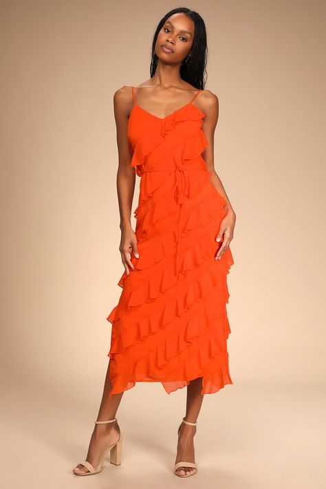 Orange Wedding Guest Dress, Orange Dress Outfits, Bright Orange Dress, Fashion Girl Design, Ruffled Midi Dress, Summer Cocktail Dress, Tangerine Dream, Orange Midi Dress, Burnt Orange Dress