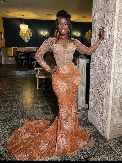 Gorgeous and fascinating styles for church and occasions. Volume 131. - Stylish Naija Orange Lace Styles, Luxurious Gowns, Orange Prom Dress, Orange Dress Wedding, Long Gown Styles, Nigerian Wedding Dress, Orange Prom Dresses, Engagement Gowns, Nigerian Lace Styles Dress