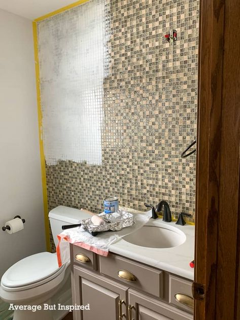 How To Update Tile Bathroom, Painted Square Tile Backsplash, Painting Bathroom Wall Tiles Diy, Small Bathroom Tile Backsplash, How To Paint Ceramic Tile Bathroom Walls, Painting Small Bathroom Tiles, Painting Over Tiles Bathroom Wall, Painting Over Mosaic Tile, Painting Mosaic Tile