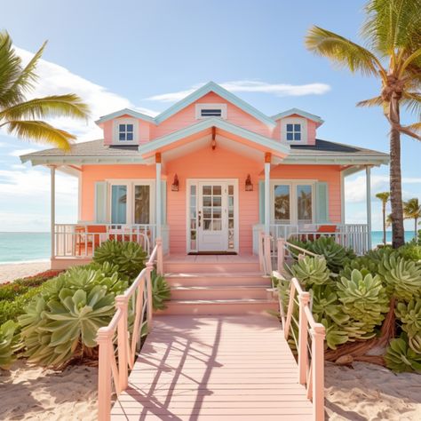 Pink Beach House Exterior, Mini House Exterior, Beach House Exterior Paint Colors, Bloxburg Towns, Coral Beach House, Key West Homes, Coastal Bloxburg, Beach House Exterior Colors, Pink Beach House