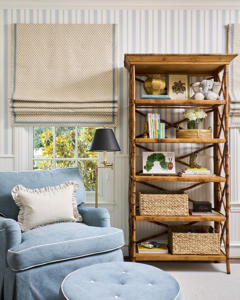 Baby boy nursery with blue and white striped wallpaper and blue rocking chair and neutral custom roman shades. Boy Nursery Striped Wallpaper, Blue And White Striped Wallpaper, White Striped Wallpaper, Blue Rocking Chair, Striped Nursery, Blue Nursery Boy, Nursery Interior Design, Nursery Interior, Custom Roman Shades