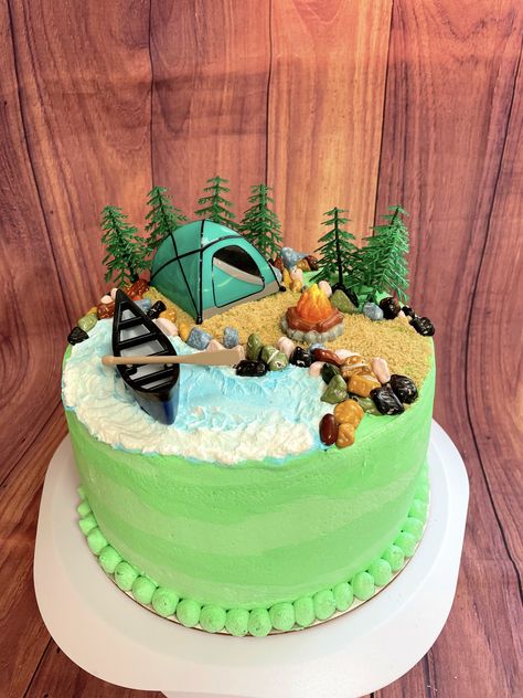 Camping First Birthday Cake, Camping Cakes Birthday, Birthday Cake Camping, Outdoors Cake, Camping Cake Ideas, Camping Themed Cake, River Cake, Hiking Cake, Camp Cake